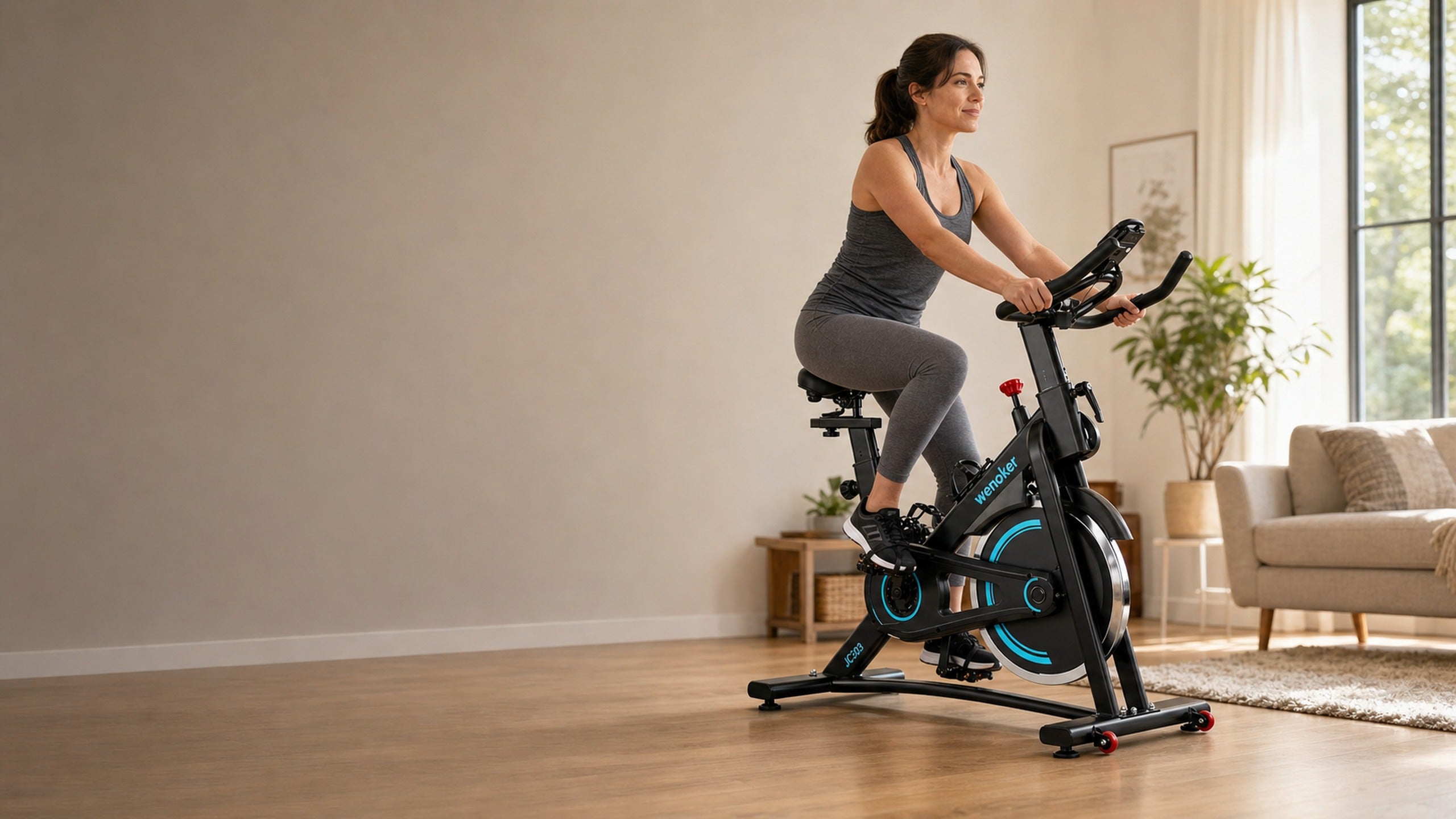 Woman riding a Wenoker exercise bike in a calm home living room