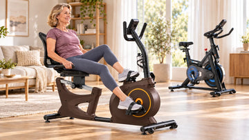An active adult exercising comfortably on a Wenoker C10 Pro recumbent exercise bike with supportive backrest in a sunlit living room.