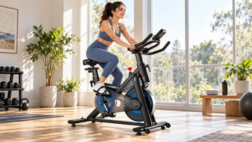 Petite female cyclist maintaining perfect spine alignment and stable pelvis on the Wenoker S20 exercise bike in a bright home gym.