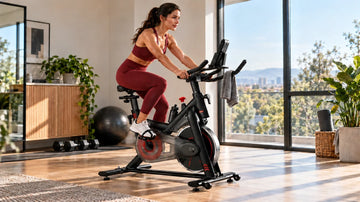 A rider pedaling on the red-accented Wenoker S20 magnetic exercise bike while following a scenic route on a tablet mounted to the handlebars.