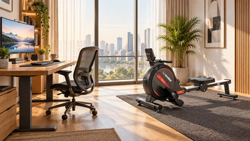 A modern Scandinavian home office featuring an oak standing desk and a sleek black Wenoker R10 magnetic rowing machine resting cleanly on an adjacent protective runner mat.