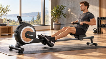 An athlete rowing with a neutral spine and proper hip hinge on the Wenoker R20 Pro magnetic rowing machine in a modern home gym.