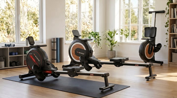 Side-by-side comparison of the Wenoker R10, R20, and R20 Pro magnetic rowing machines in a modern home gym.