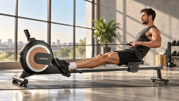 A dedicated rower in a modern home gym completing a smooth drive stroke on the Wenoker R20 Pro magnetic rowing machine featuring a gleaming stainless steel monorail.