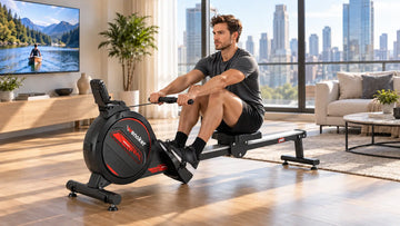 An adult rower gliding smoothly and quietly on the black-and-silver Wenoker R10 magnetic rowing machine in a modern city apartment living room.