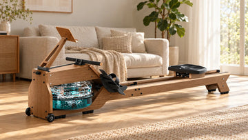 Wenoker RW40 wooden water rowing machine positioned gracefully in a sunlit Scandinavian living room featuring oak floors, neutral linen textiles, and green indoor plants.