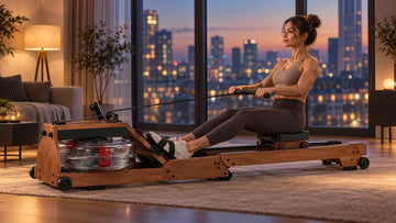 Wenoker RW10 water rowing machine with illuminated water tank during a peaceful evening home workout to relieve mental fatigue.