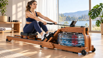 An athlete rowing smoothly on the Wenoker RW10 water rowing machine in a modern sunlit home gym, showcasing upright posture and natural water resistance.