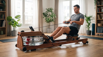 An athlete performing high-intensity rowing on the Wenoker RW10 water rowing machine, highlighting the stable and grounded solid wood frame in a home environment.