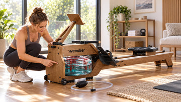 A homeowner inspecting the water level markers on the transparent tank of a Wenoker RW40 solid wood water rowing machine in a bright, modern living room.