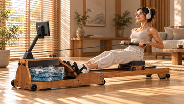 A focused rower practicing mindful cardio on the Wenoker RW10 Pro solid wood water rowing machine in a serene, softly lit apartment living room.