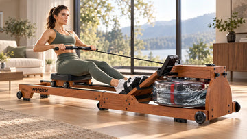 An athletic woman executing a smooth, powerful rowing drive on the elegant natural wood Wenoker RW10 water rower in a bright, modern apartment living room.