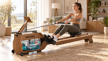 A person rowing smoothly on the Wenoker RW40 solid wood water rowing machine featuring a crystal-clear water tank in a bright living room.
