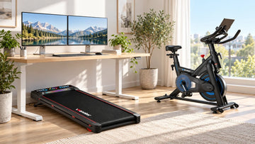 Modern home office featuring a Wenoker T10 walking pad positioned under a standing desk alongside a Wenoker S20 exercise bike placed by the window.