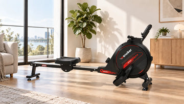 Wenoker H300 magnetic rowing machine with red accents set up in a modern sunlit living room home gym corner for quiet apartment cardio.