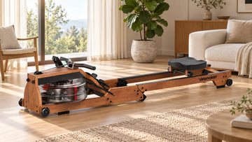 Wenoker RW10 solid wood water rowing machine styled in a sunlit modern Scandinavian living room decor
