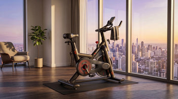 Early morning apartment workout corner featuring the Wenoker S20 magnetic exercise bike on a sound-dampening floor mat at dawn