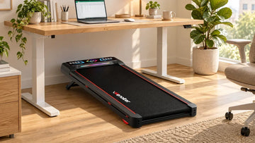 Wenoker T10 walking pad placed under a modern standing desk in a bright home office for a stable walking and working routine.