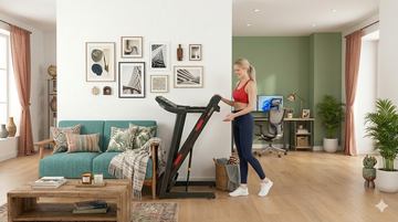 enoker X-T421 auto incline treadmill in a home office, featuring a compact footprint and foldable design for easy storage under a sofa.