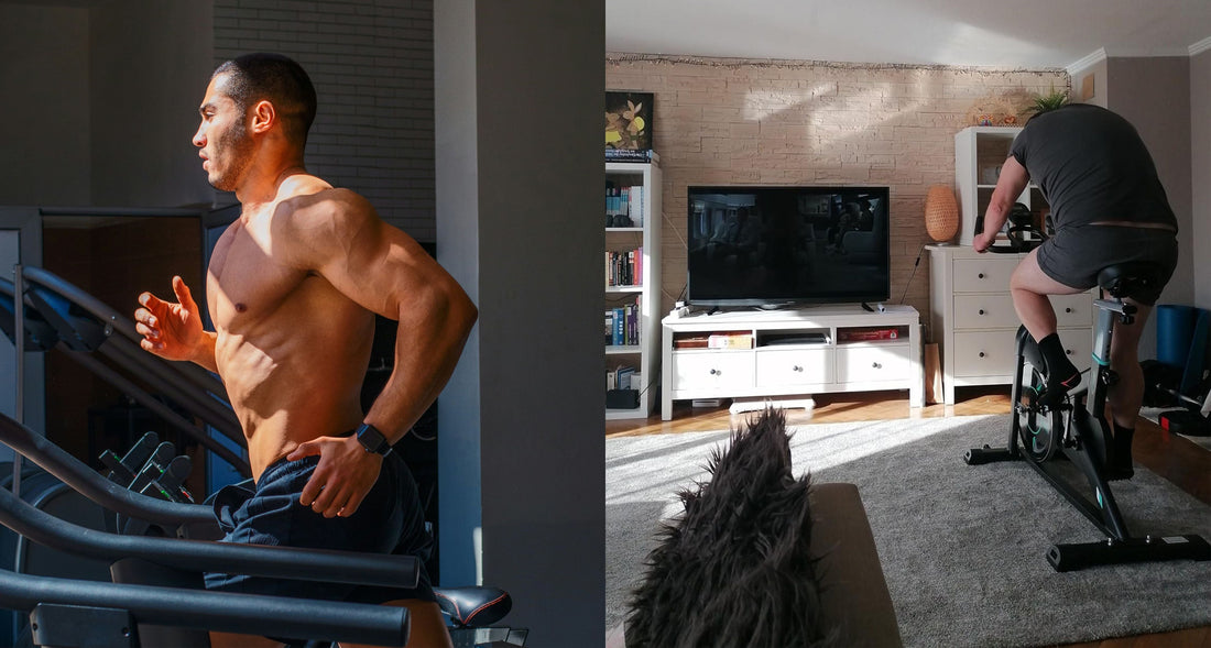 A person deciding between a Wenoker Treadmill and a Wenoker Exercise Bike in a modern home gym setting.