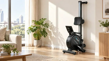 Blue Wenoker R10 magnetic rowing machine stored upright in a living room corner