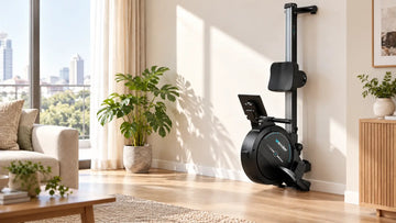 Blue Wenoker R10 magnetic rowing machine stored upright in a living room corner