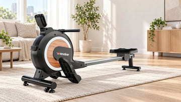 enjoying a home office rowing break workout on the compact Wenoker H310 Pro magnetic rowing machine in a modern apartment living room.