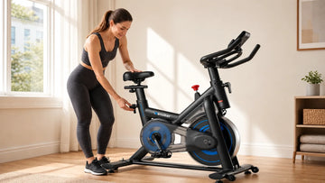 Woman adjusting the saddle height on a black Wenoker S20 magnetic exercise bike in a bright home gym.