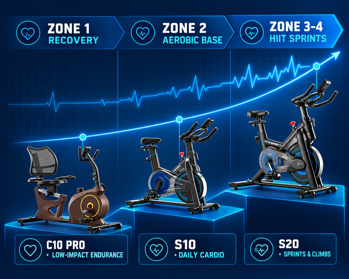 Infographic illustrating cardiovascular training zones matched with the Wenoker S10, S20, and C10 Pro exercise bikes.