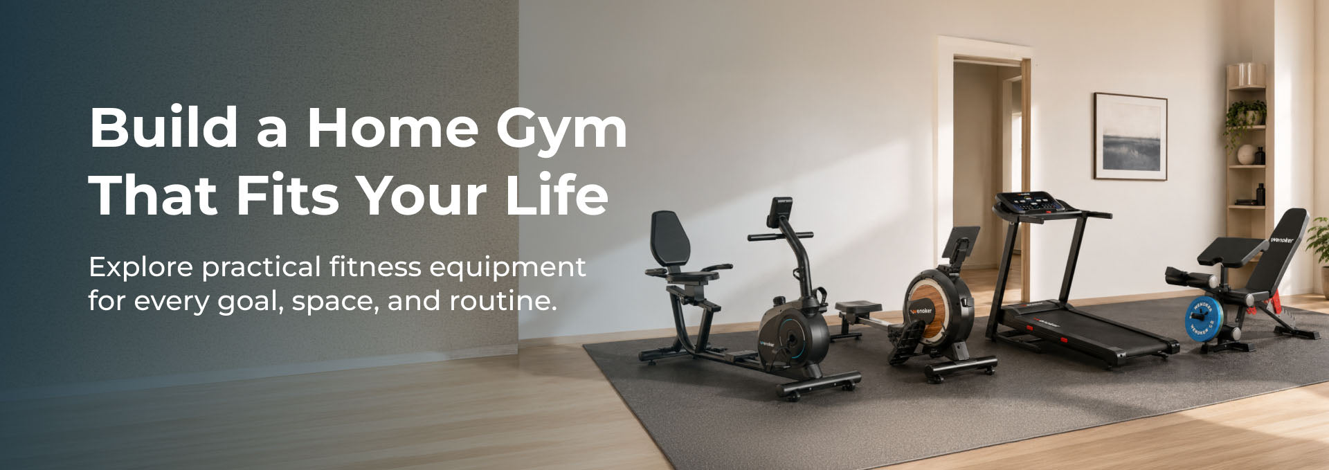 Wenoker home gym equipment collection featuring an exercise bike, rowing machine, treadmill, and weight bench.