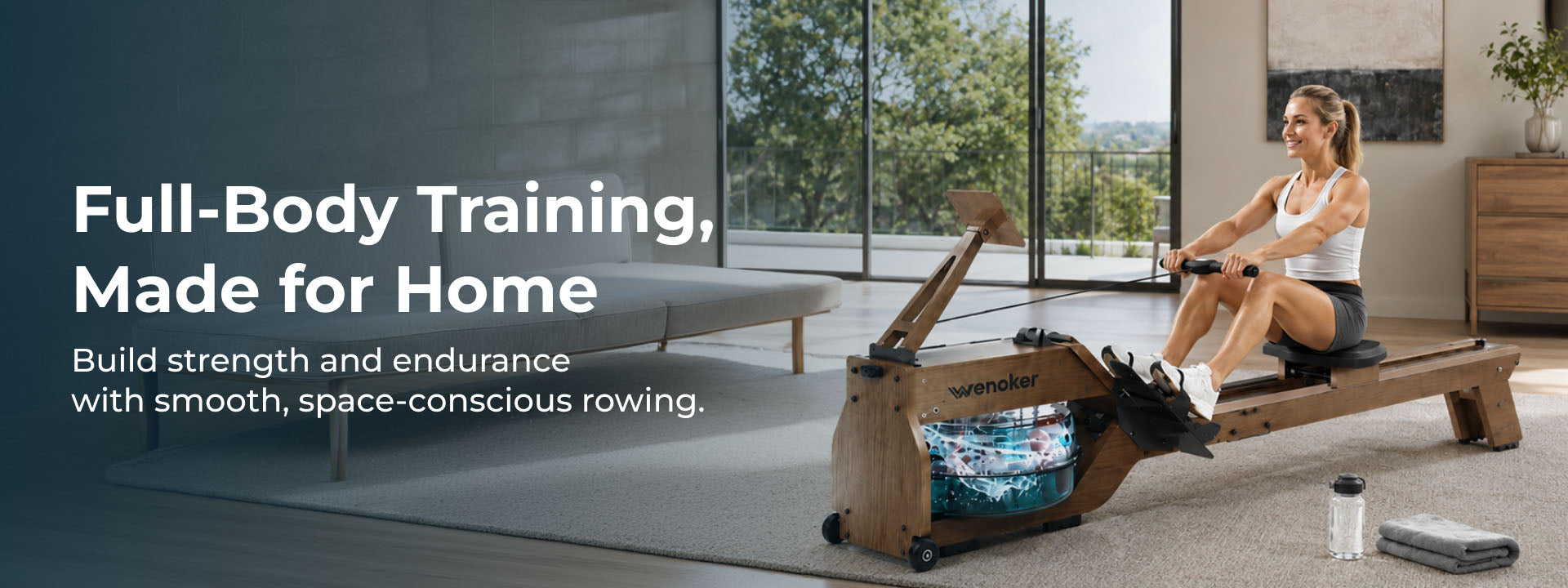 Woman exercising on a Wenoker wooden water rowing machine at home