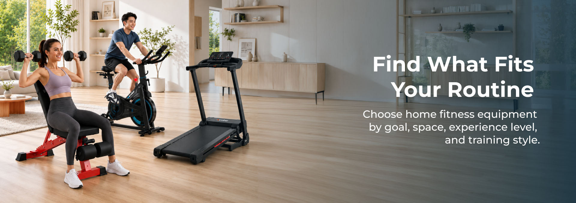 Home fitness equipment for different workout needs, including a weight bench, exercise bike, and treadmill