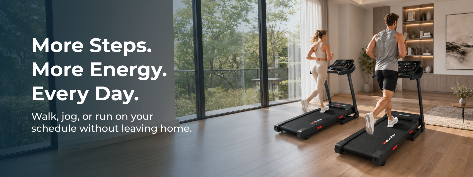 Man and woman running on Wenoker treadmills in a bright home gym