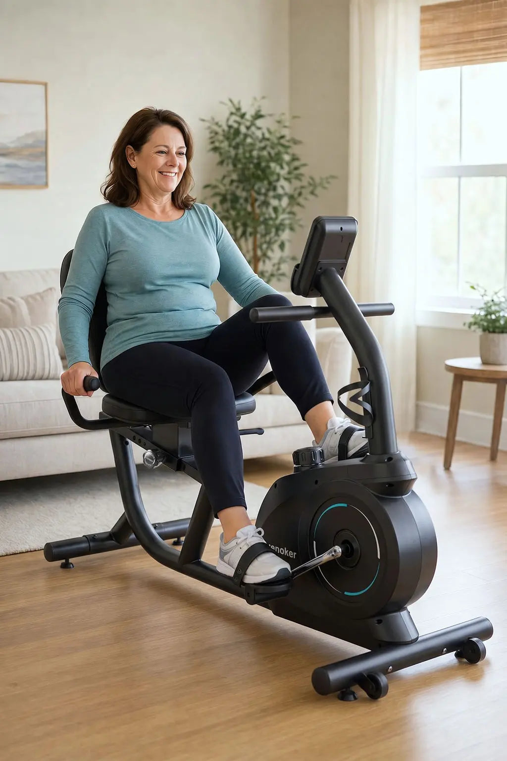 A smiling older woman exercising on a Wenoker recumbent exercise bike with a supportive mesh backrest in a cozy living room.
