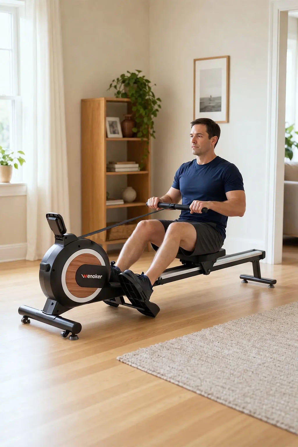 A man working out on a Wenoker magnetic rowing machine with a wood-grain flywheel accent in a bright home living room.